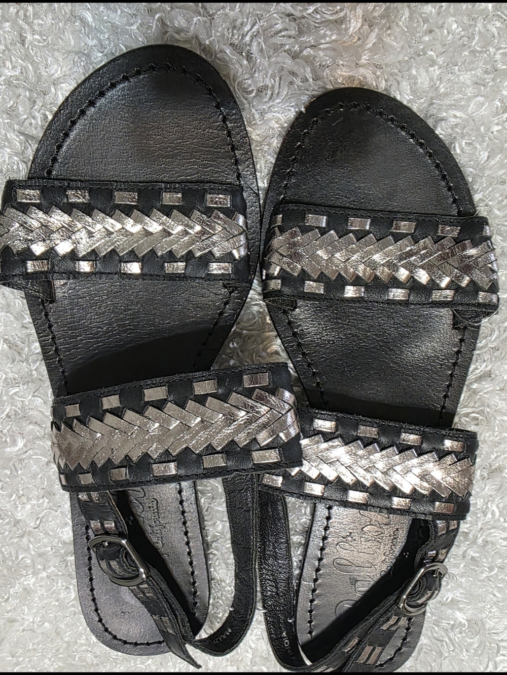 Black Leather Sandals with Silver Braided Straps